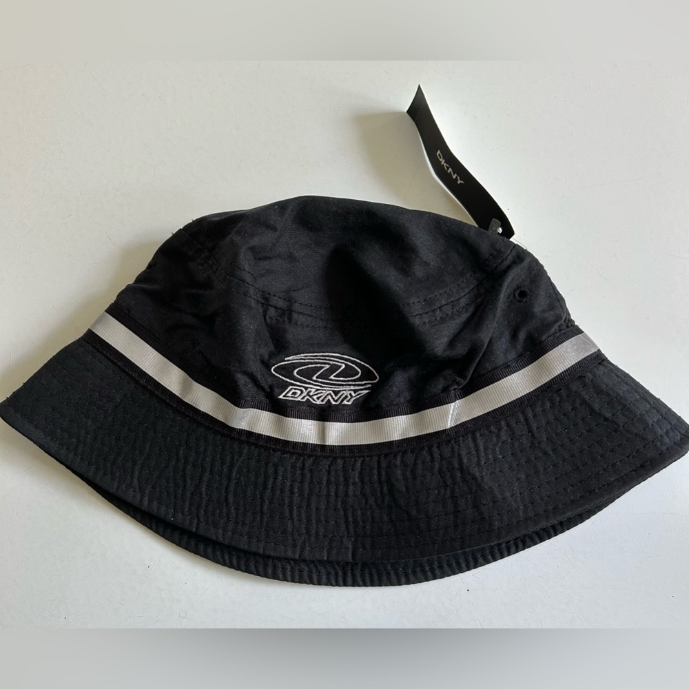 Vintage DKNY Youth BUCKET HAT Logo Black Silver Ribbon Nylon Sun NWT